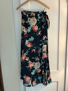 Bobeau Navy Floral Wrap Maxi Skirt with Coral & Cream Roses